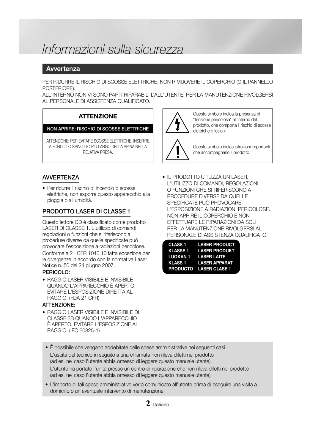 Samsung MX-HS8000/ZF manual Informazioni sulla sicurezza, Avvertenza 