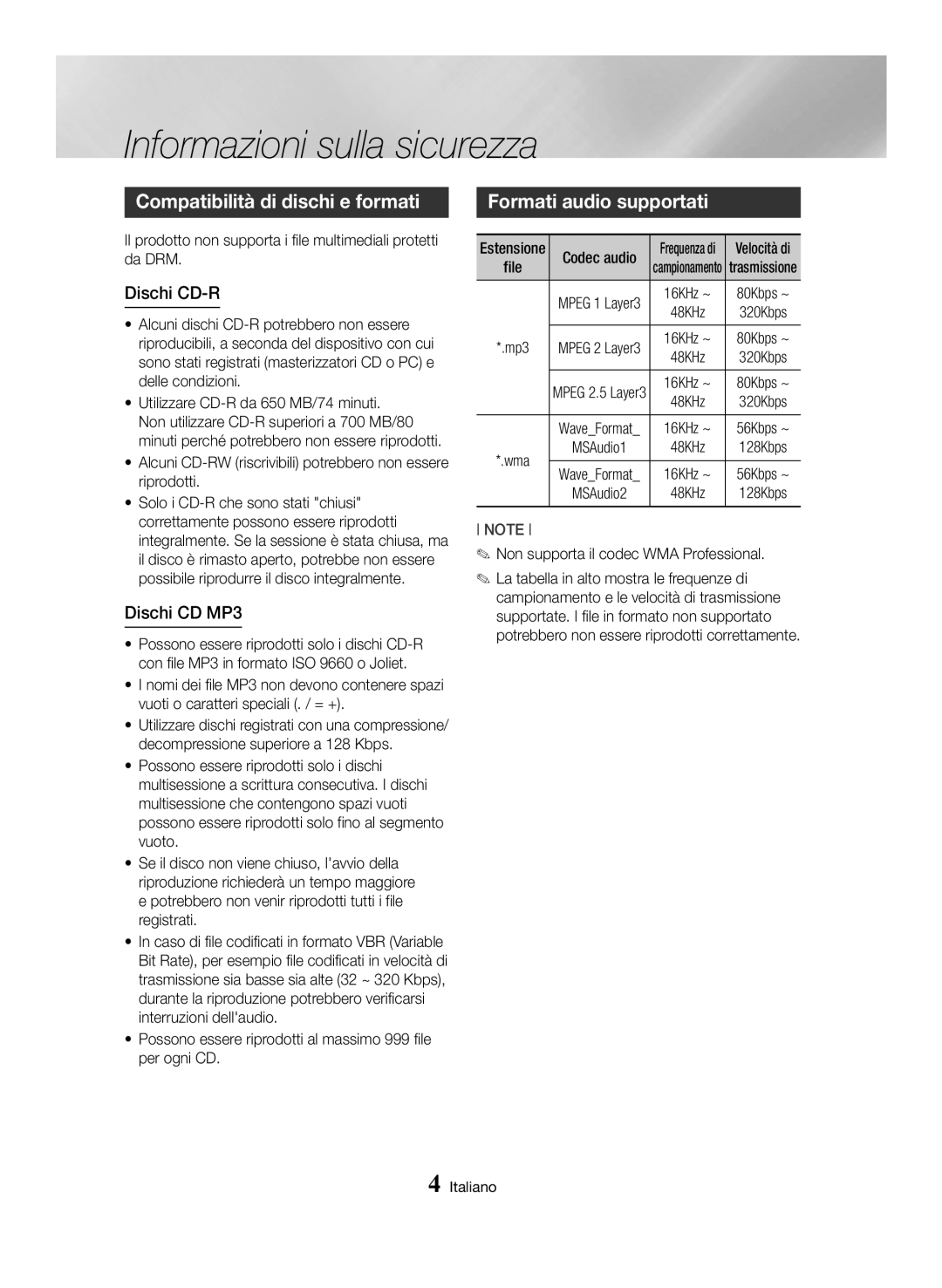 Samsung MX-HS8000/ZF manual Compatibilità di dischi e formati, Formati audio supportati, Dischi CD-R, Dischi CD MP3 