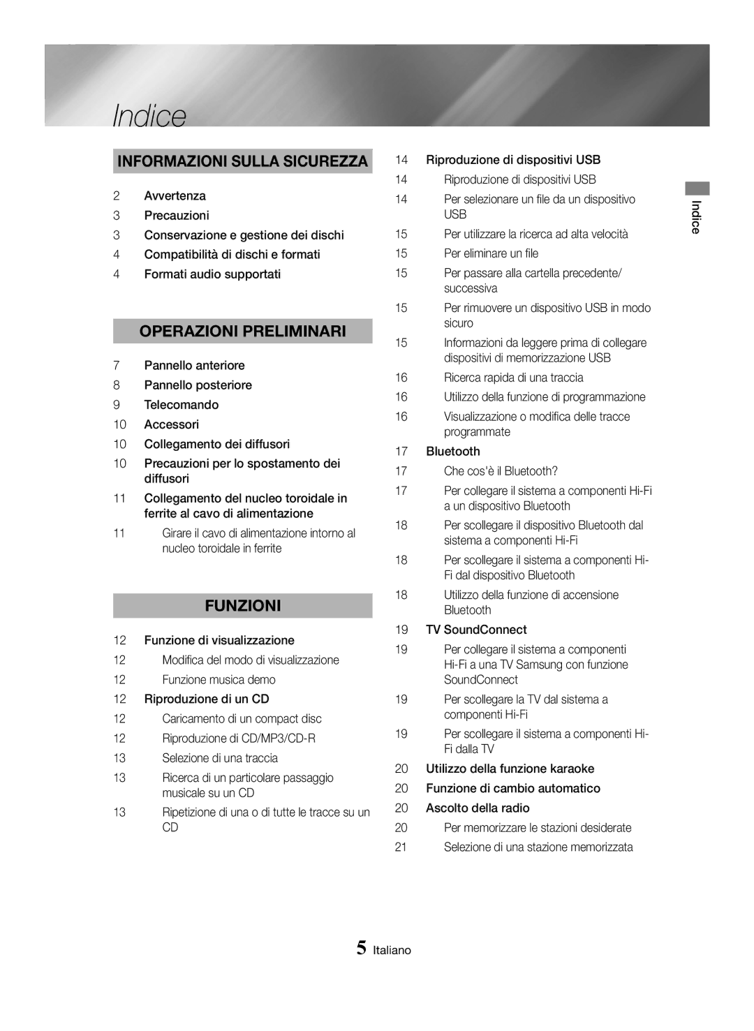 Samsung MX-HS8000/ZF manual Indice, Informazioni sulla sicurezza 