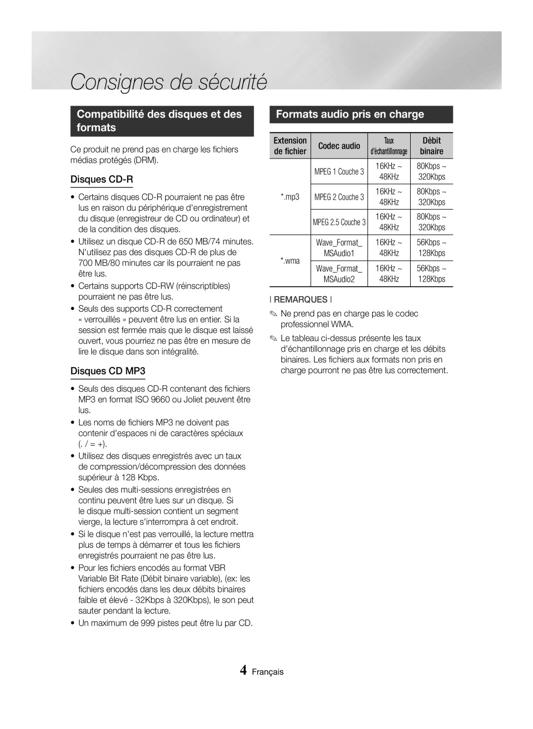 Samsung MX-HS8000/ZF Compatibilité des disques et des formats, Formats audio pris en charge, Disques CD-R, Disques CD MP3 