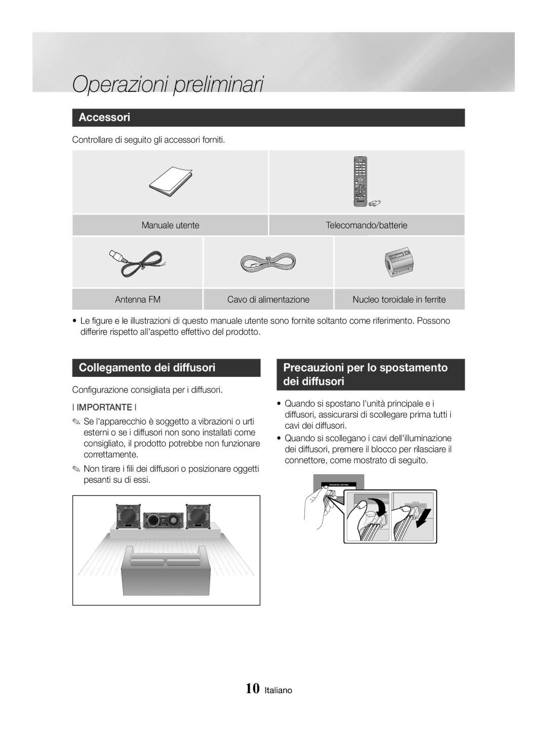 Samsung MX-HS8000/ZF manual Accessori, Collegamento dei diffusori, Precauzioni per lo spostamento dei diffusori 