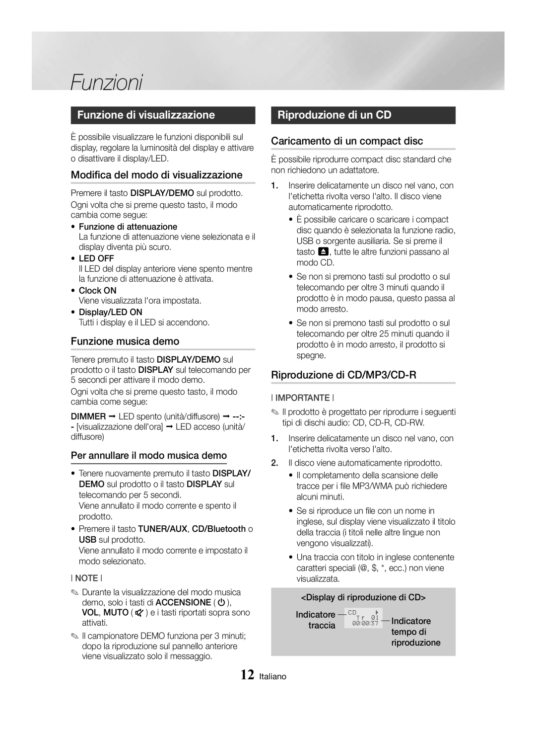 Samsung MX-HS8000/ZF manual Funzioni, Funzione di visualizzazione, Riproduzione di un CD 