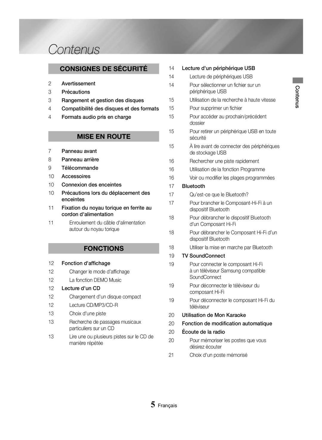 Samsung MX-HS8000/ZF manual Contenus, Consignes de sécurité 