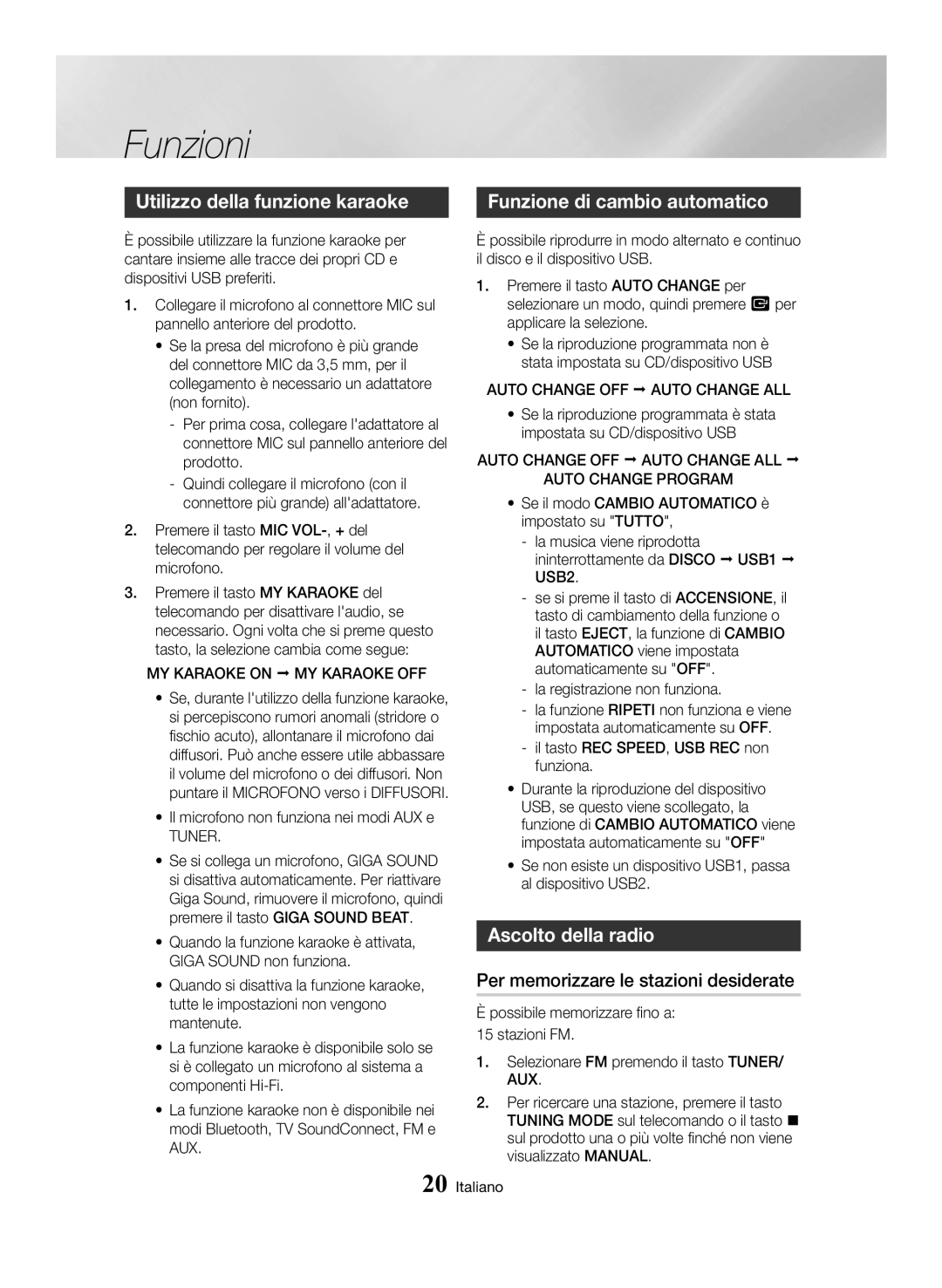 Samsung MX-HS8000/ZF manual Utilizzo della funzione karaoke, Funzione di cambio automatico, Ascolto della radio, Tuner 