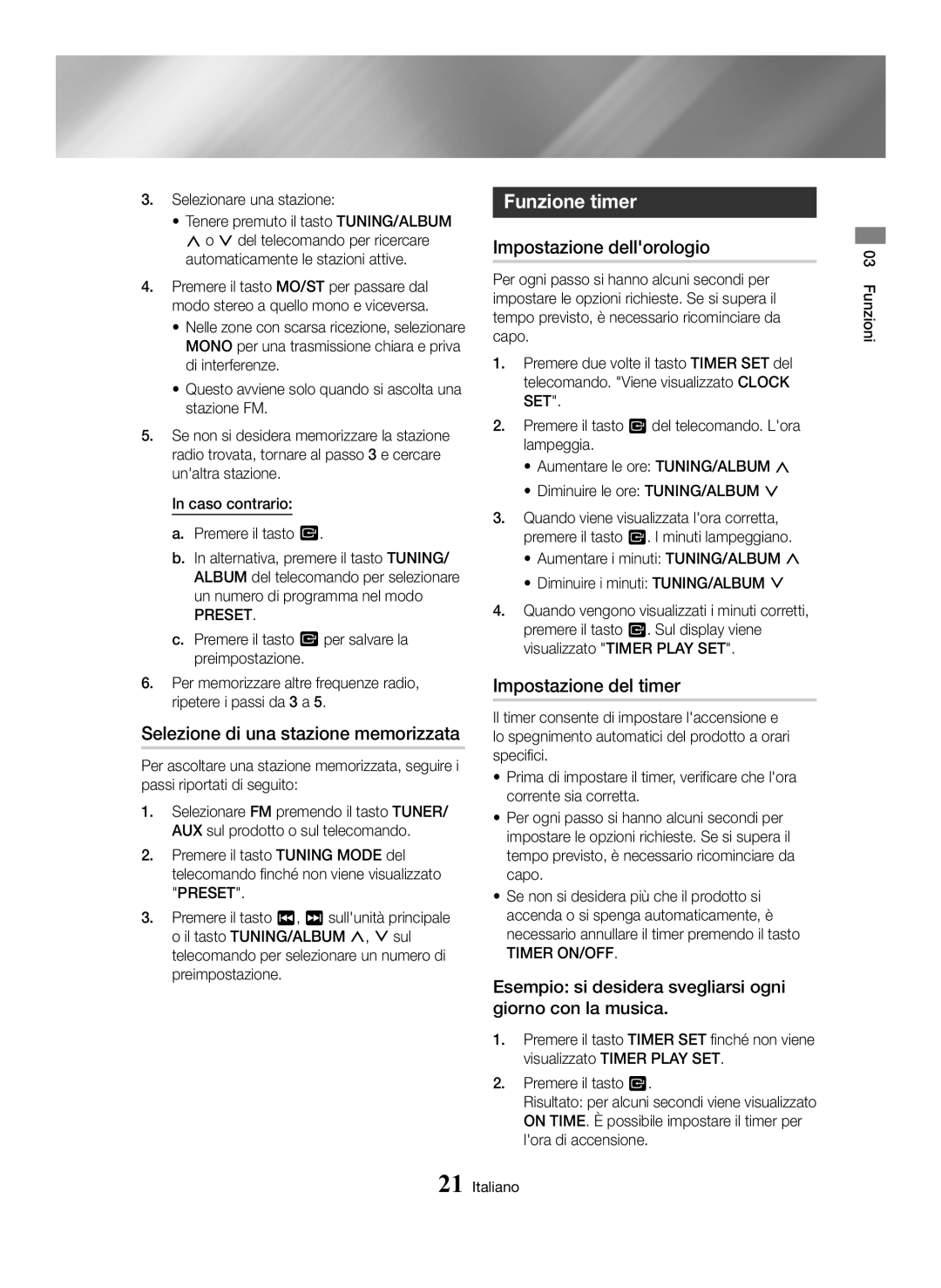 Samsung MX-HS8000/ZF manual Selezione di una stazione memorizzata, Funzione timer, Impostazione dellorologio 