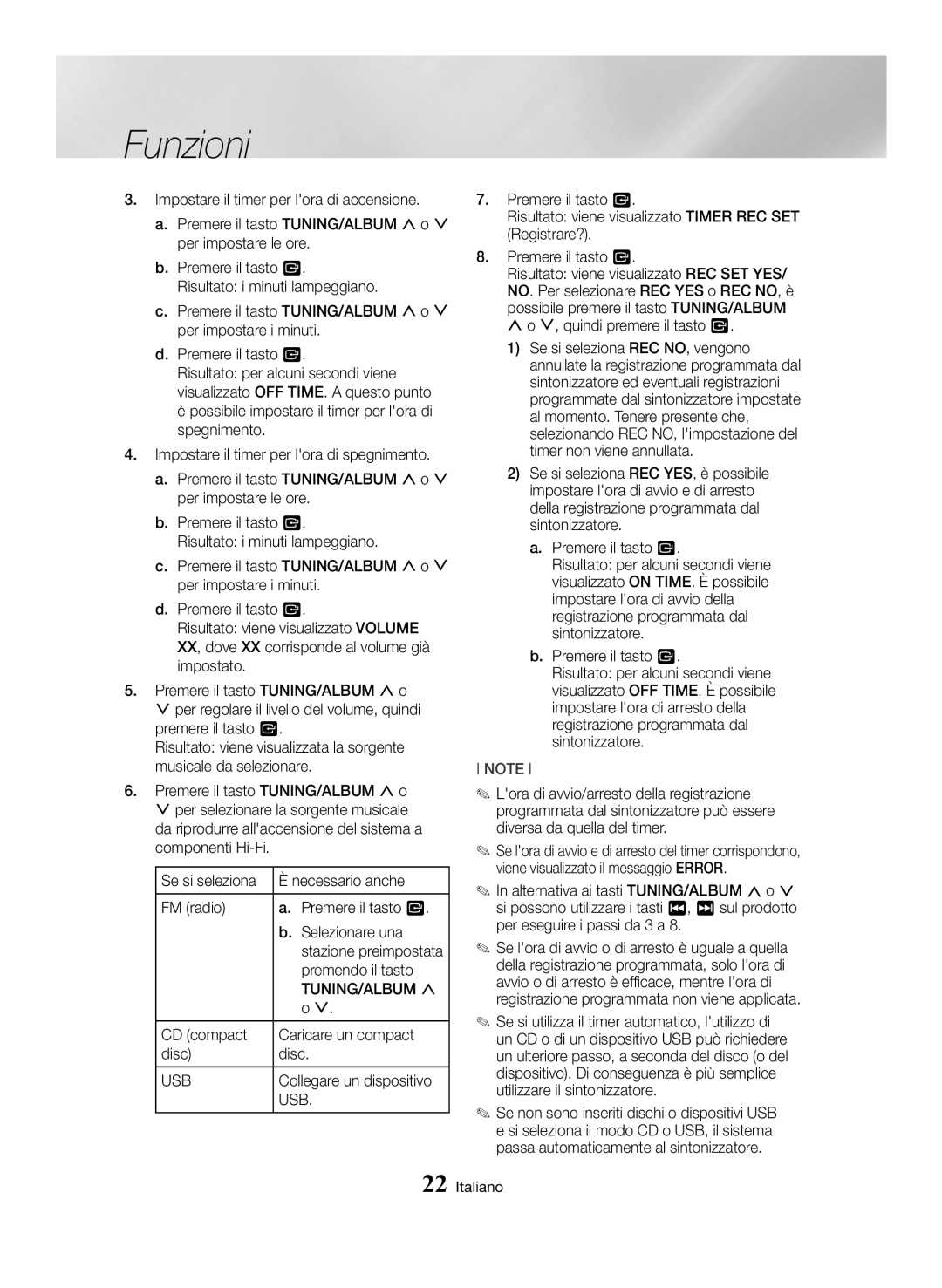 Samsung MX-HS8000/ZF manual Premendo il tasto, Tuning/Album, CD compact Caricare un compact Disc, Collegare un dispositivo 