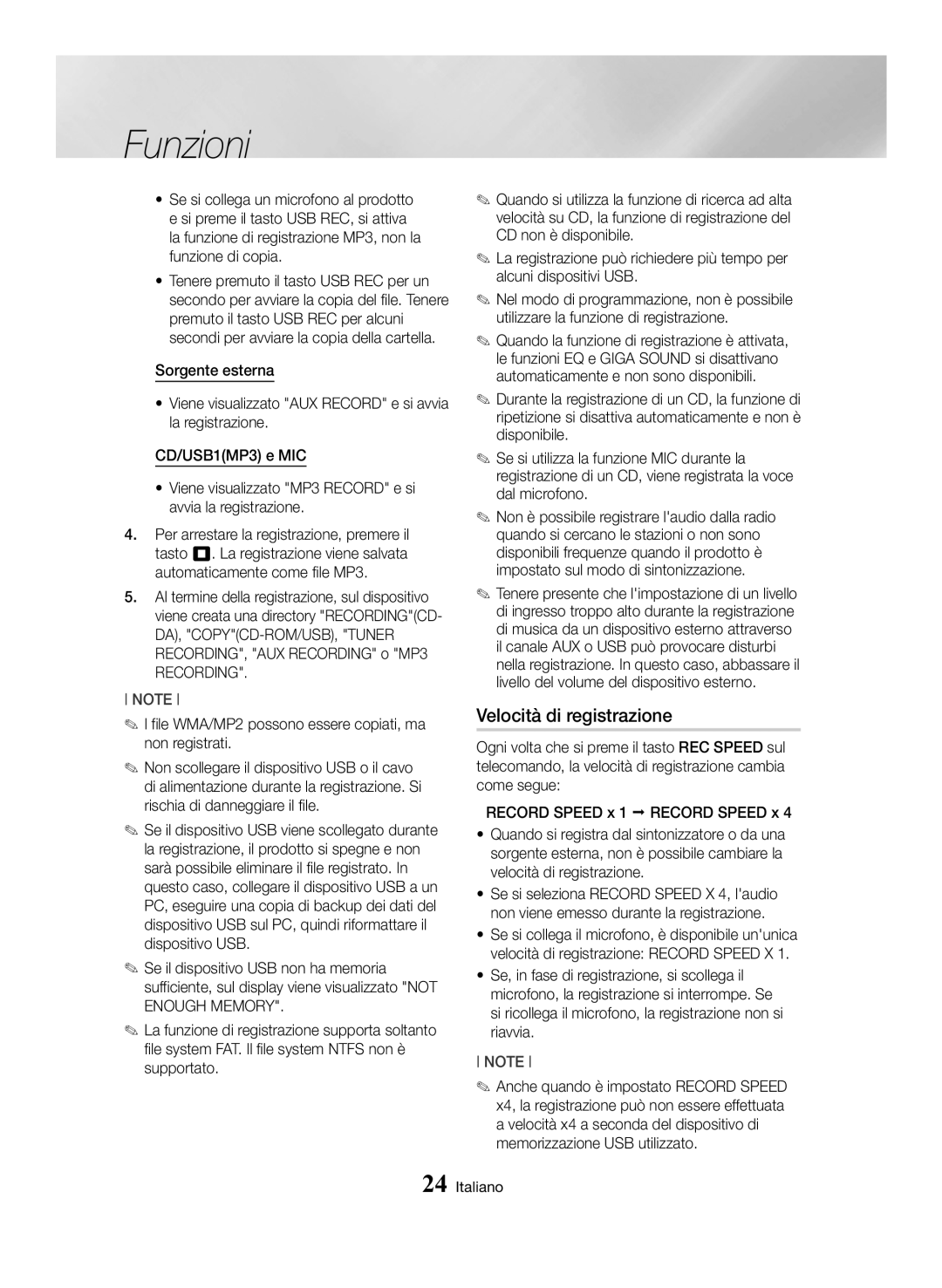 Samsung MX-HS8000/ZF manual Velocità di registrazione, Recording, File WMA/MP2 possono essere copiati, ma non registrati 