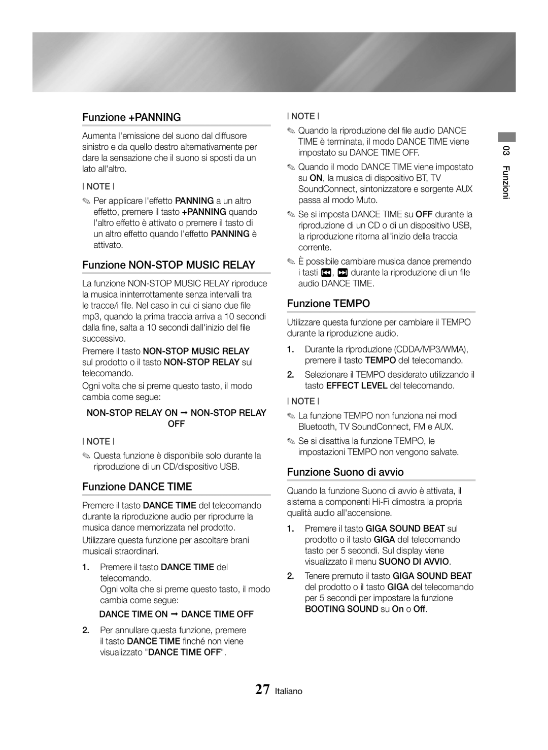 Samsung MX-HS8000/ZF manual Funzione +PANNING, Funzione NON-STOP Music Relay, Funzione Dance Time, Funzione Tempo 