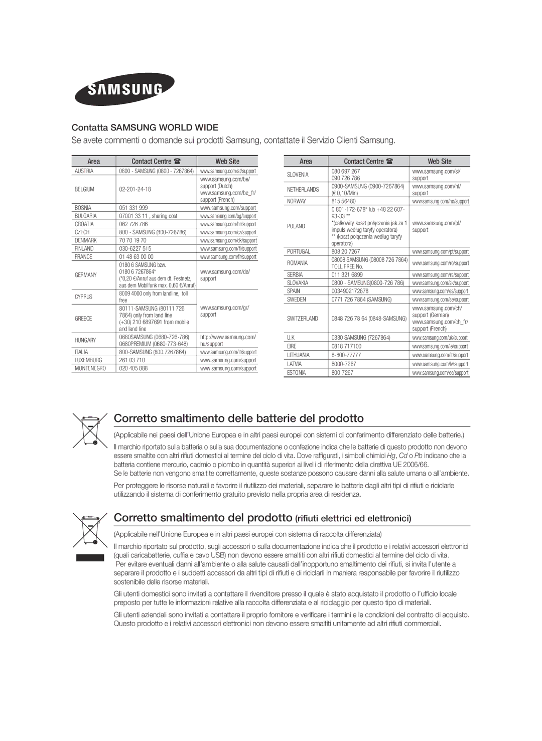 Samsung MX-HS8000/ZF manual Corretto smaltimento delle batterie del prodotto 