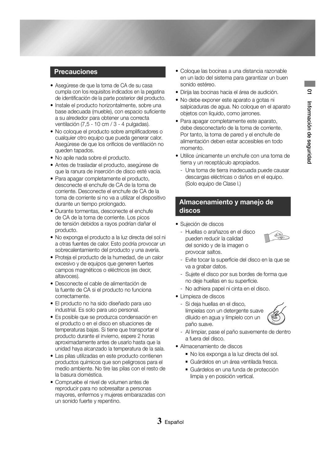 Samsung MX-HS8000/ZF manual Precauciones, Almacenamiento y manejo de discos, No apile nada sobre el producto 