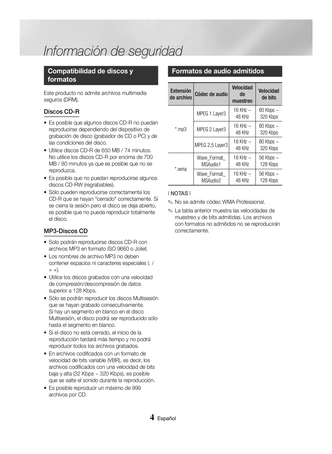 Samsung MX-HS8000/ZF manual Compatibilidad de discos y formatos, Formatos de audio admitidos, Discos CD-R, MP3-Discos CD 