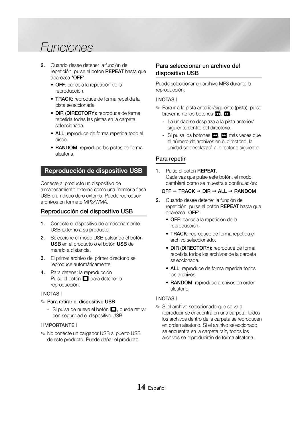 Samsung MX-HS8000/ZF manual Reproducción de dispositivo USB, Reproducción del dispositivo USB, Para repetir 