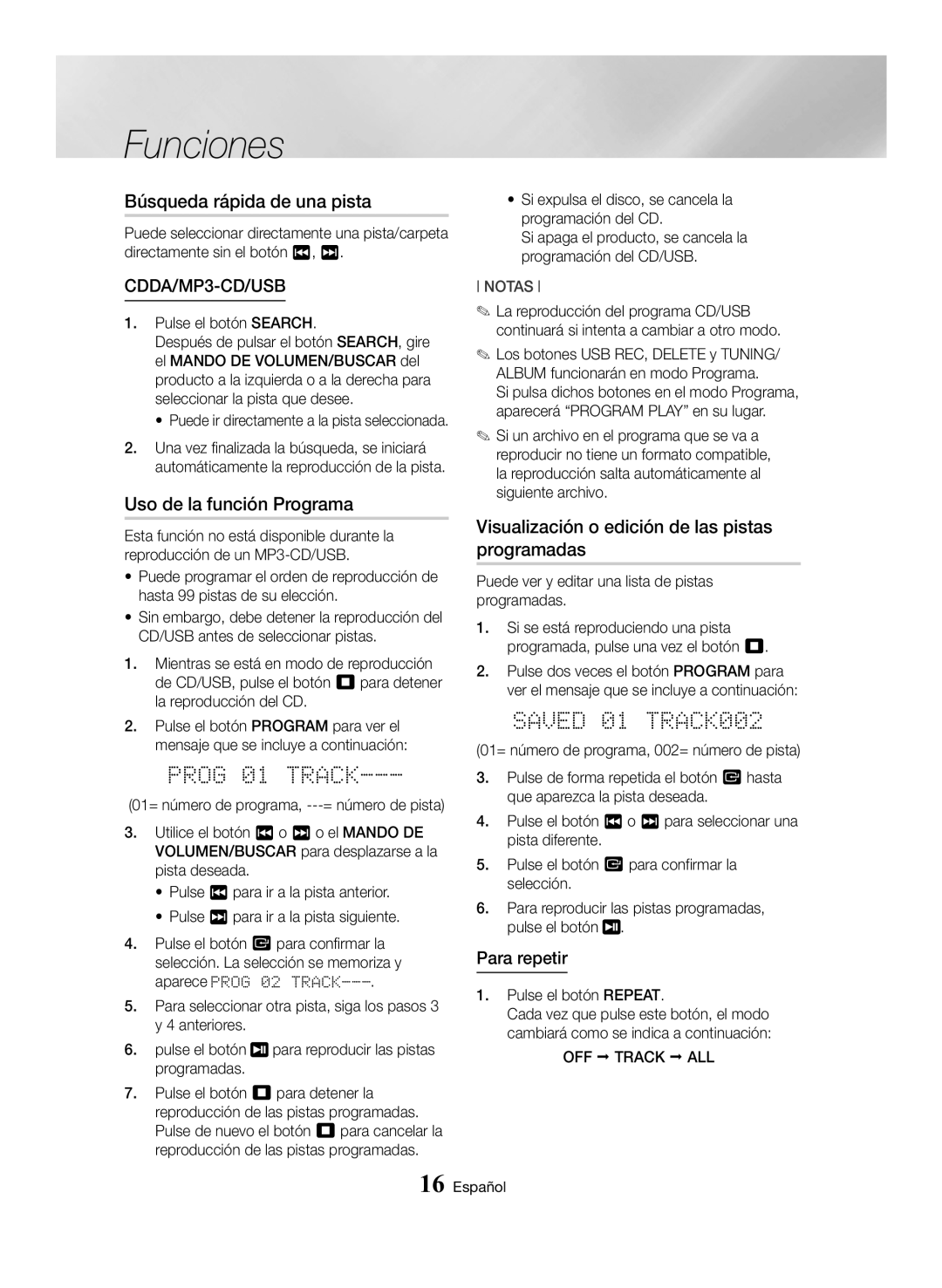 Samsung MX-HS8000/ZF manual Búsqueda rápida de una pista, Uso de la función Programa 