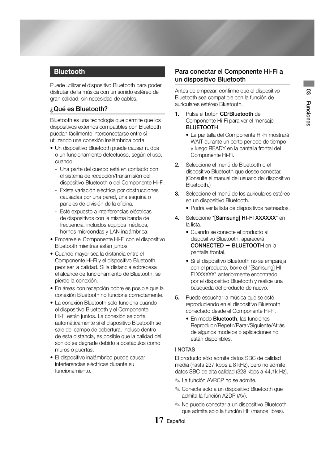 Samsung MX-HS8000/ZF manual ¿Qué es Bluetooth?, Para conectar el Componente Hi-Fi a un dispositivo Bluetooth 