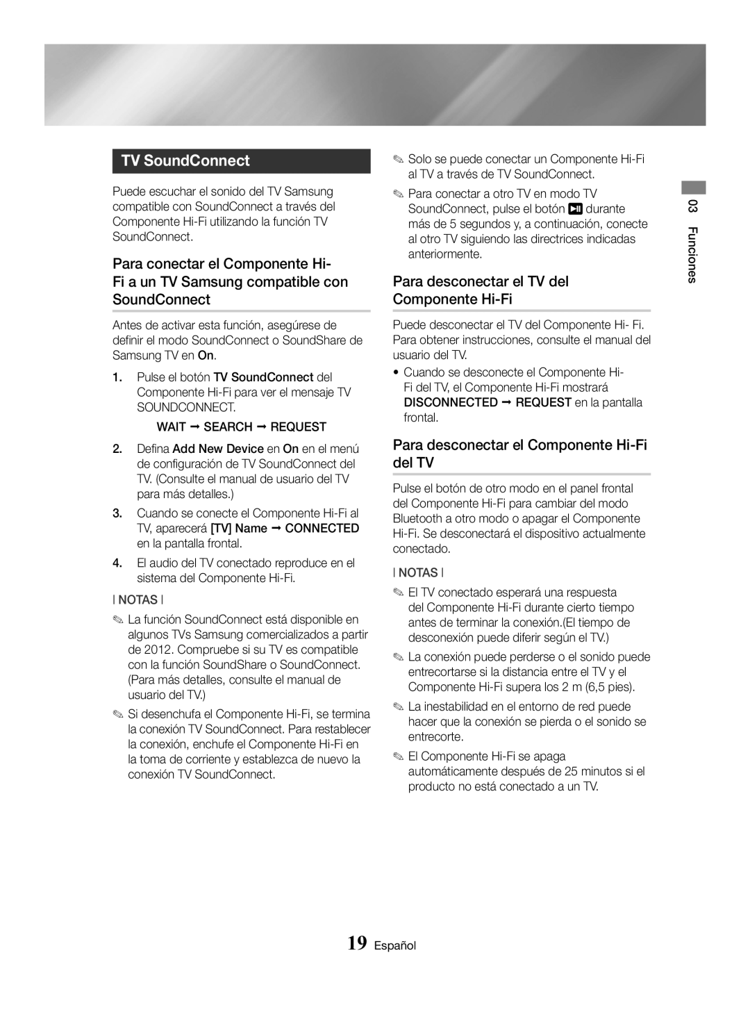 Samsung MX-HS8000/ZF manual Para desconectar el TV del Componente Hi-Fi, Para desconectar el Componente Hi-Fi del TV 