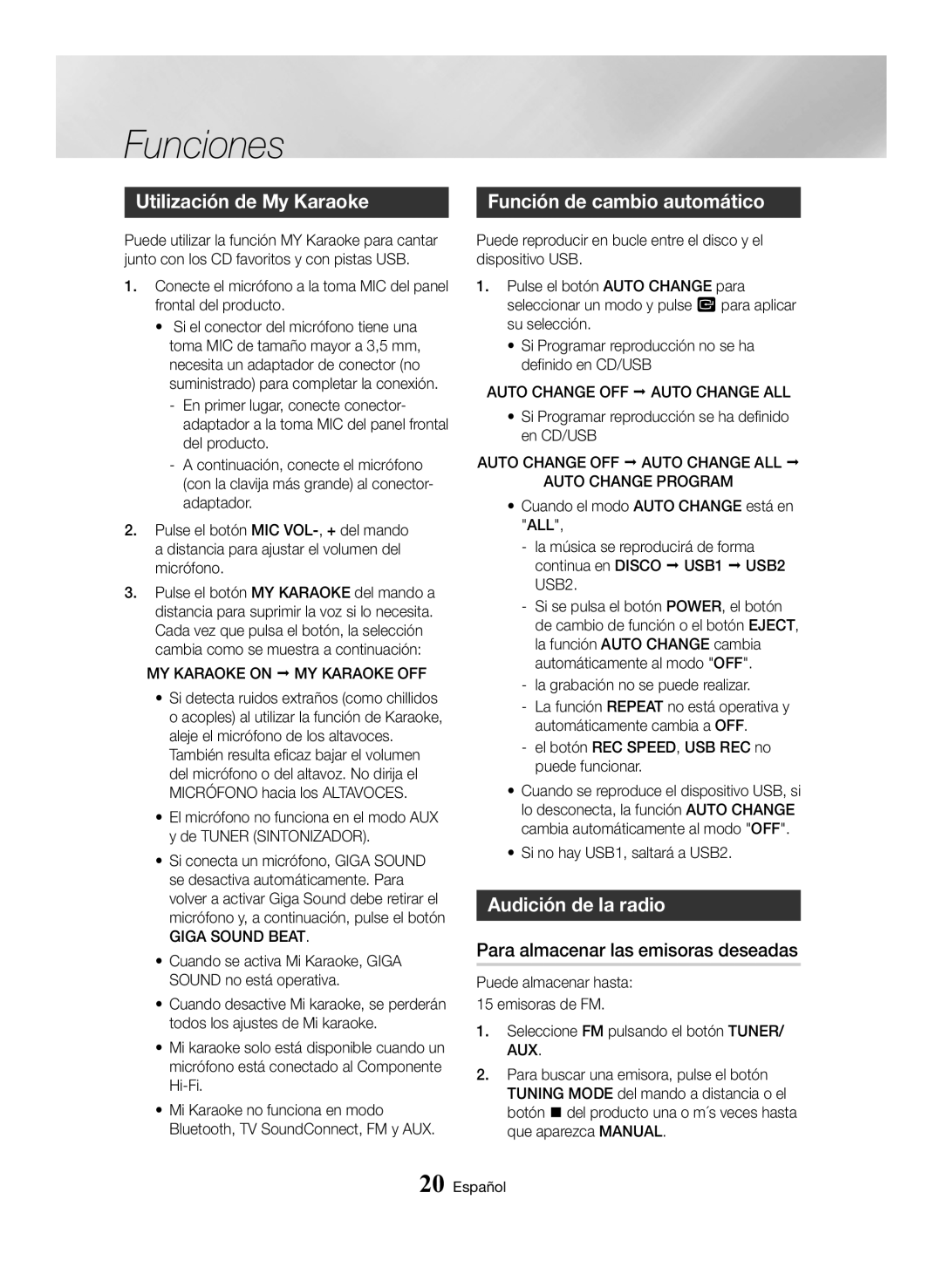 Samsung MX-HS8000/ZF manual Utilización de My Karaoke, Función de cambio automático, Audición de la radio 