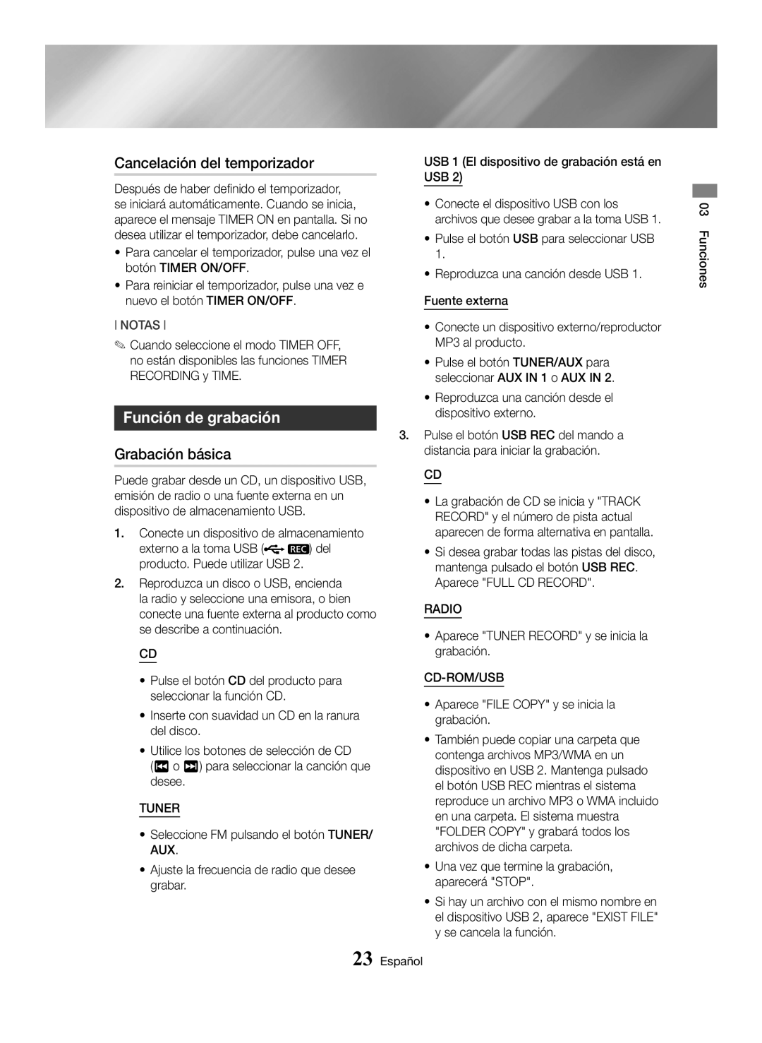 Samsung MX-HS8000/ZF manual Cancelación del temporizador, Función de grabación, Grabación básica 