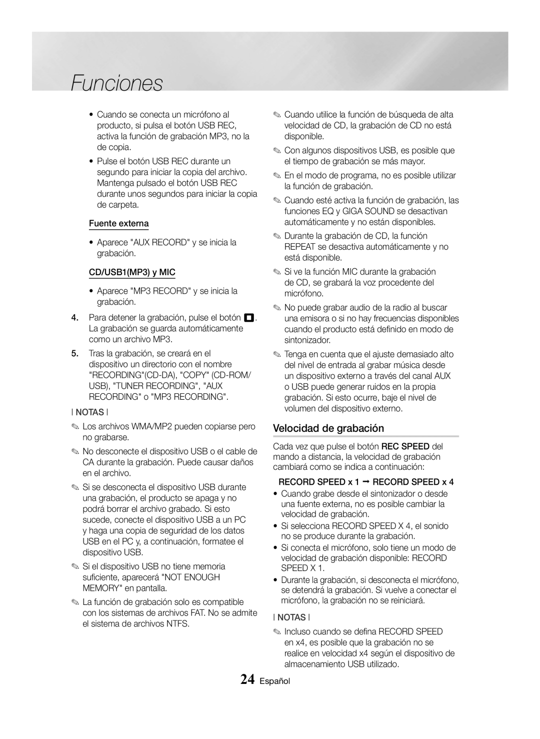 Samsung MX-HS8000/ZF manual Velocidad de grabación 