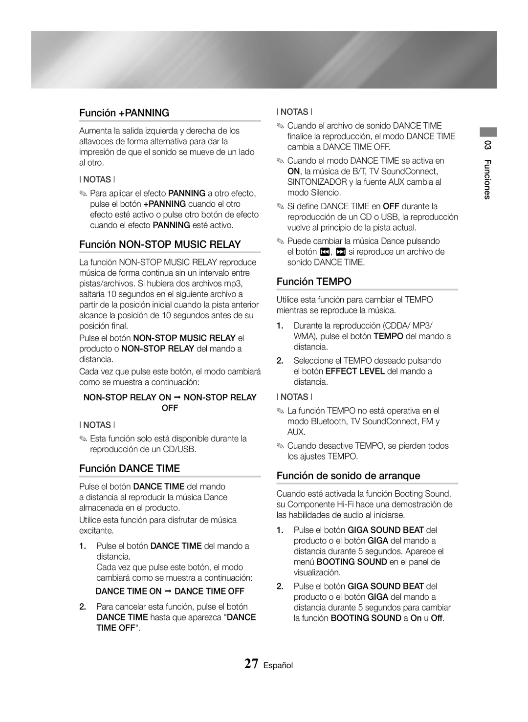 Samsung MX-HS8000/ZF manual Función +PANNING, Función NON-STOP Music Relay, Función Dance Time, Función Tempo 