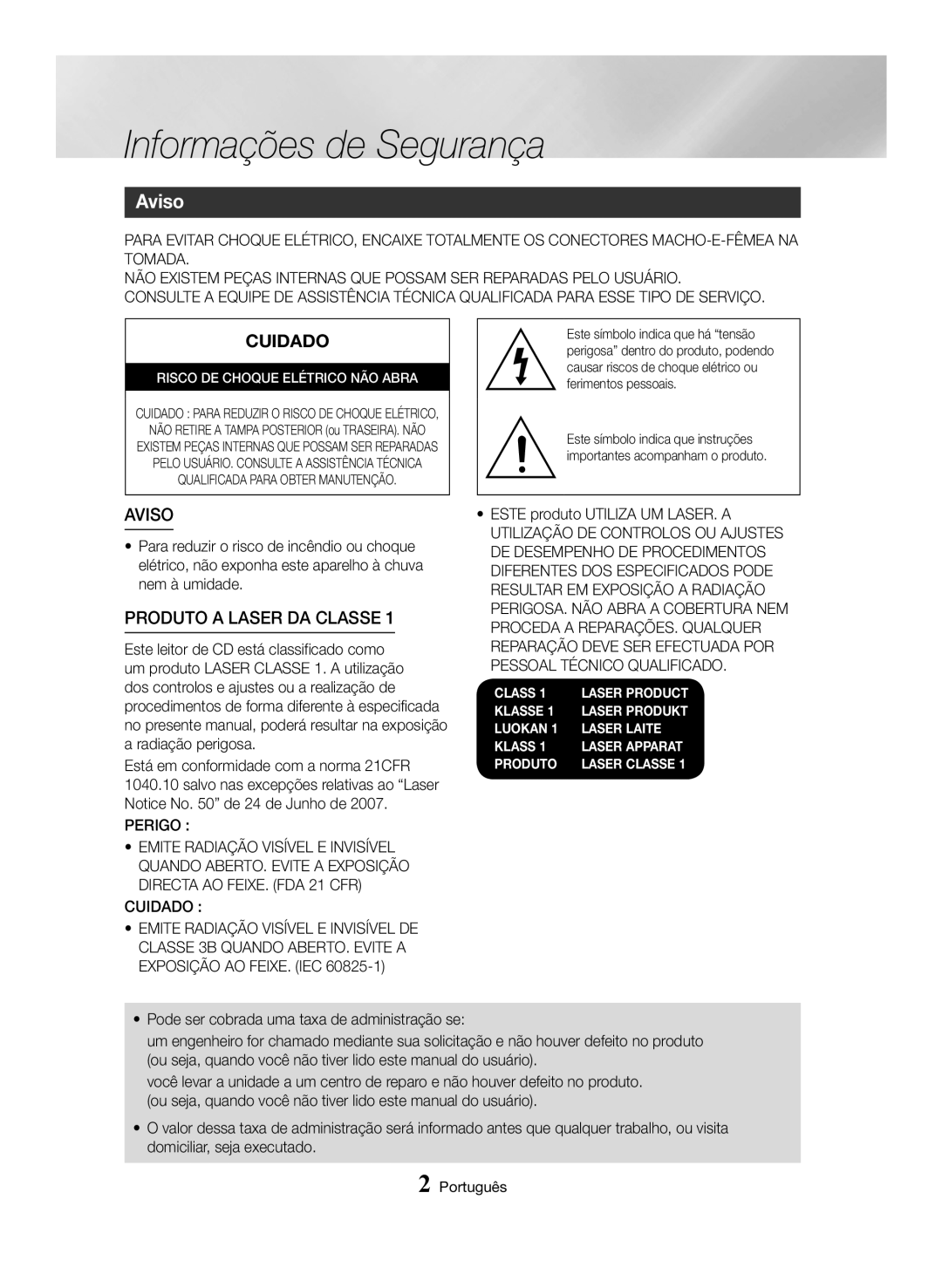 Samsung MX-HS8000/ZF manual Informações de Segurança, Aviso, Perigo, Cuidado 