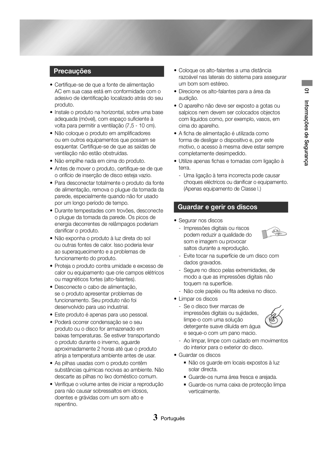 Samsung MX-HS8000/ZF manual Precauções, Guardar e gerir os discos 