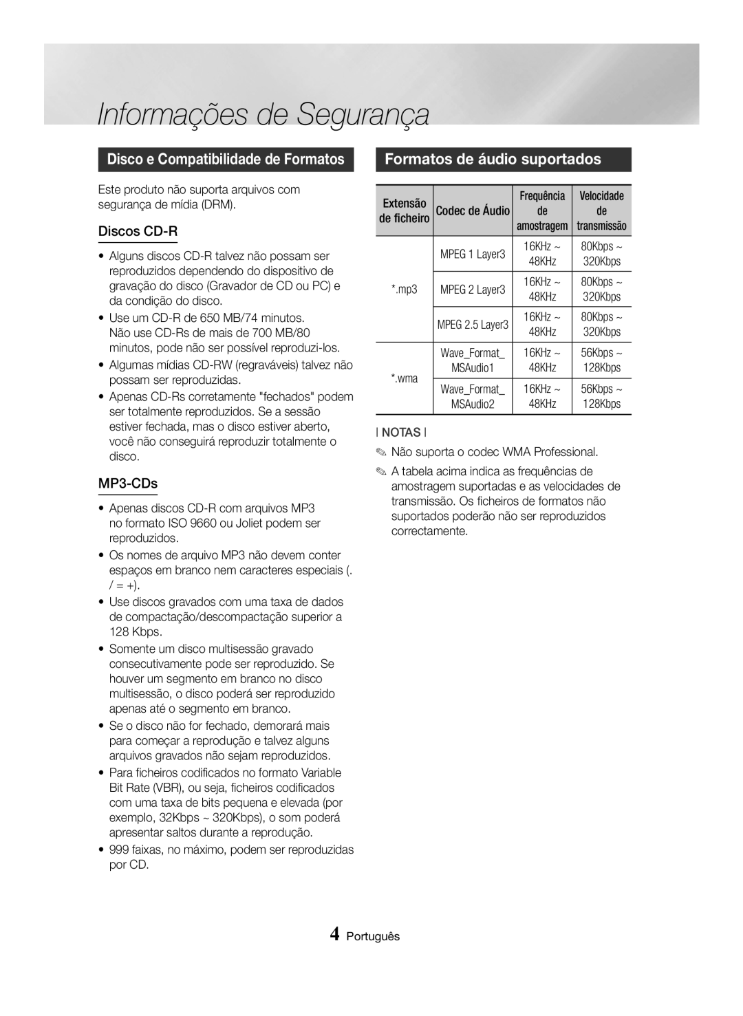 Samsung MX-HS8000/ZF manual Formatos de áudio suportados, MP3-CDs, Faixas, no máximo, podem ser reproduzidas por CD 