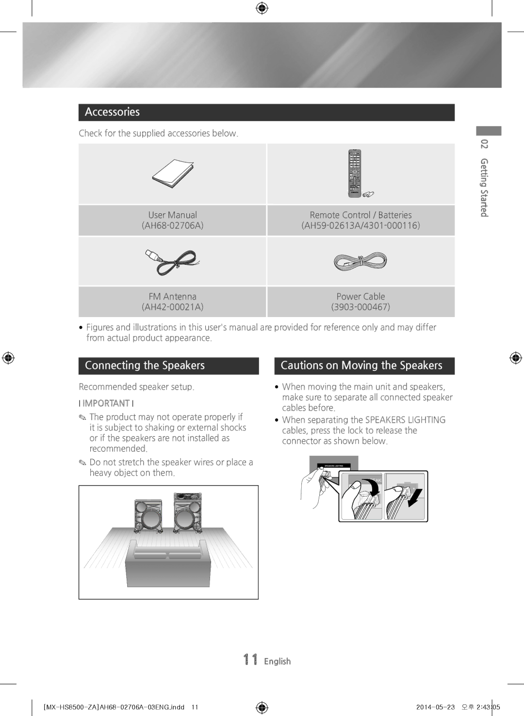 Samsung MX-HS8500 user manual Accessories, Connecting the Speakers 