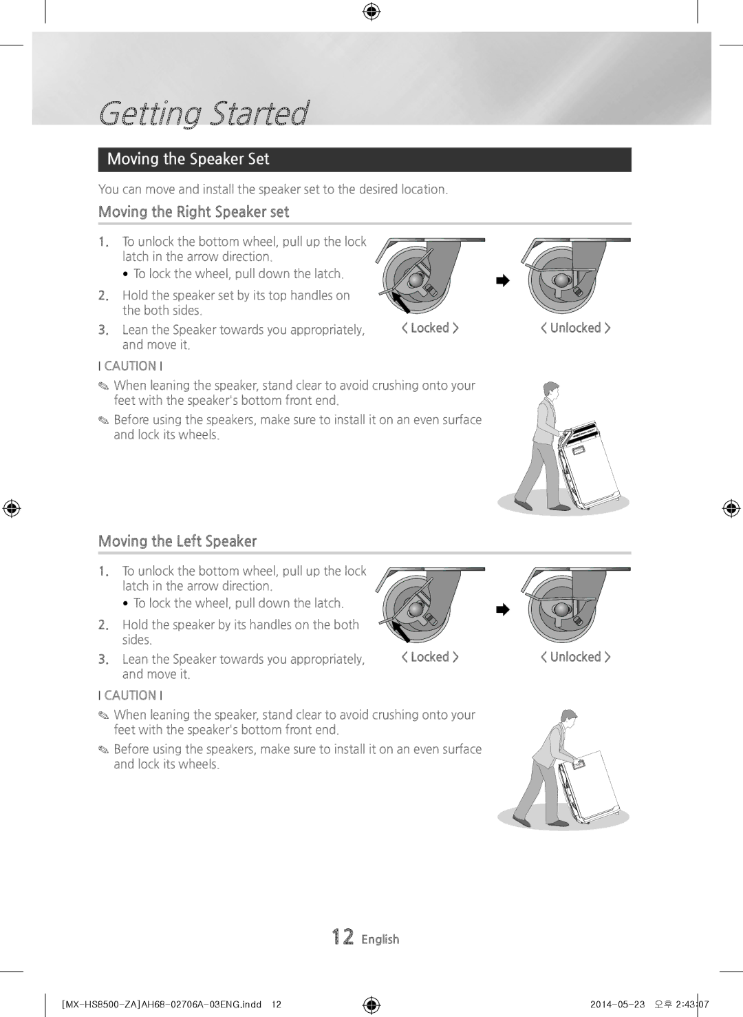 Samsung MX-HS8500 user manual Moving the Speaker Set, Moving the Right Speaker set, Moving the Left Speaker, Locked 