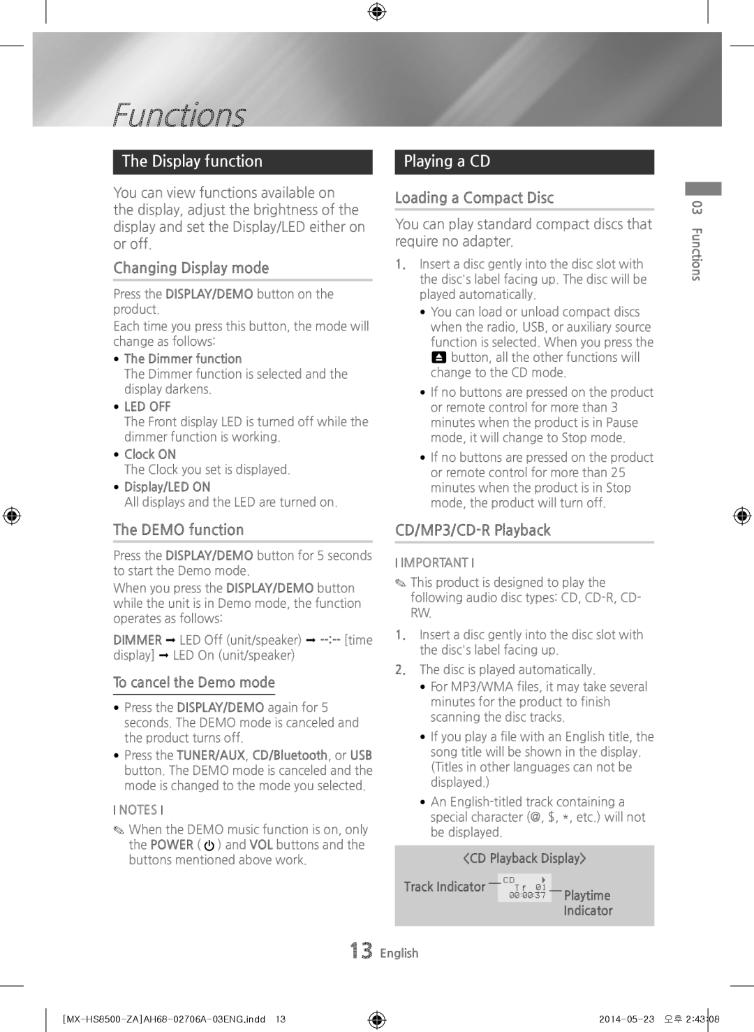 Samsung MX-HS8500 user manual Functions, Display function, Playing a CD 