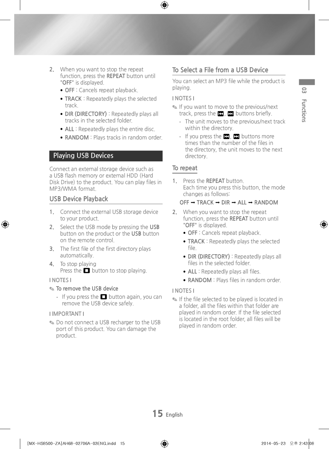 Samsung MX-HS8500 user manual Playing USB Devices, USB Device Playback, To Select a File from a USB Device, To repeat 