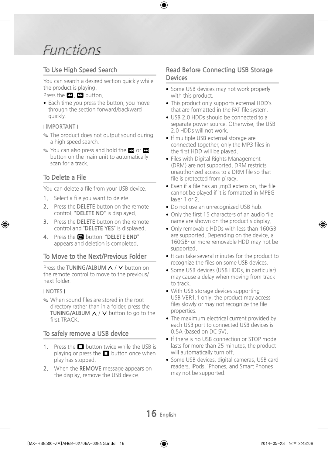 Samsung MX-HS8500 user manual To Use High Speed Search, To Delete a File, To Move to the Next/Previous Folder 