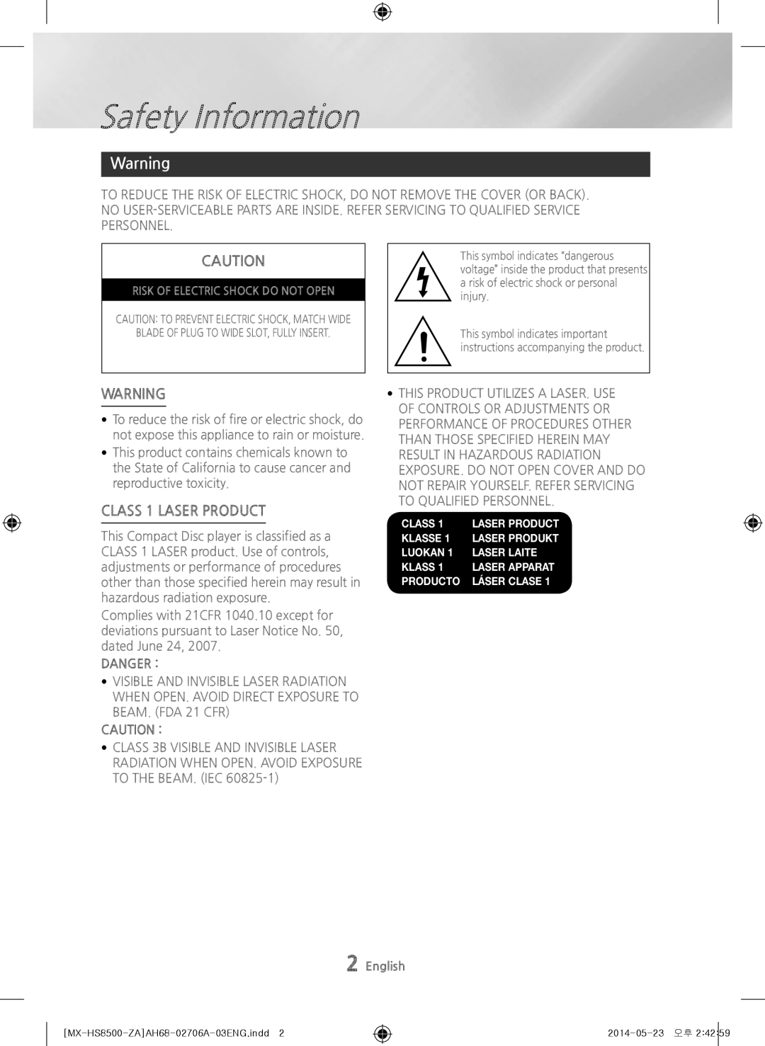 Samsung MX-HS8500 user manual Safety Information, Risk of Electric Shock do not Open 