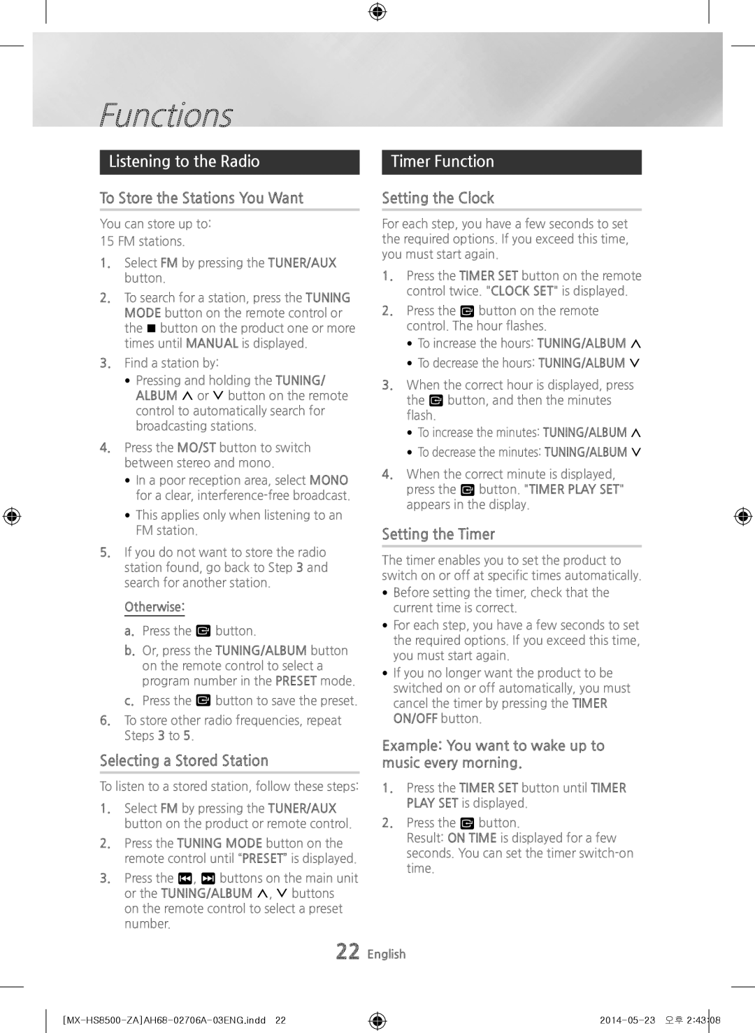 Samsung MX-HS8500 user manual Listening to the Radio, Timer Function 