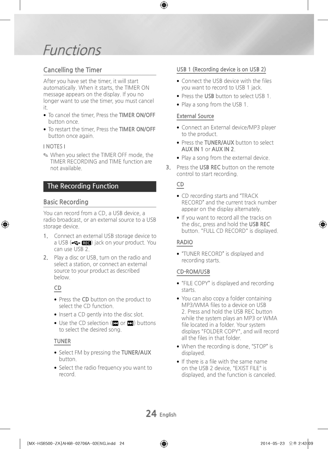 Samsung MX-HS8500 user manual Cancelling the Timer, Recording Function, Basic Recording, Cd-Rom/Usb, Tuner 