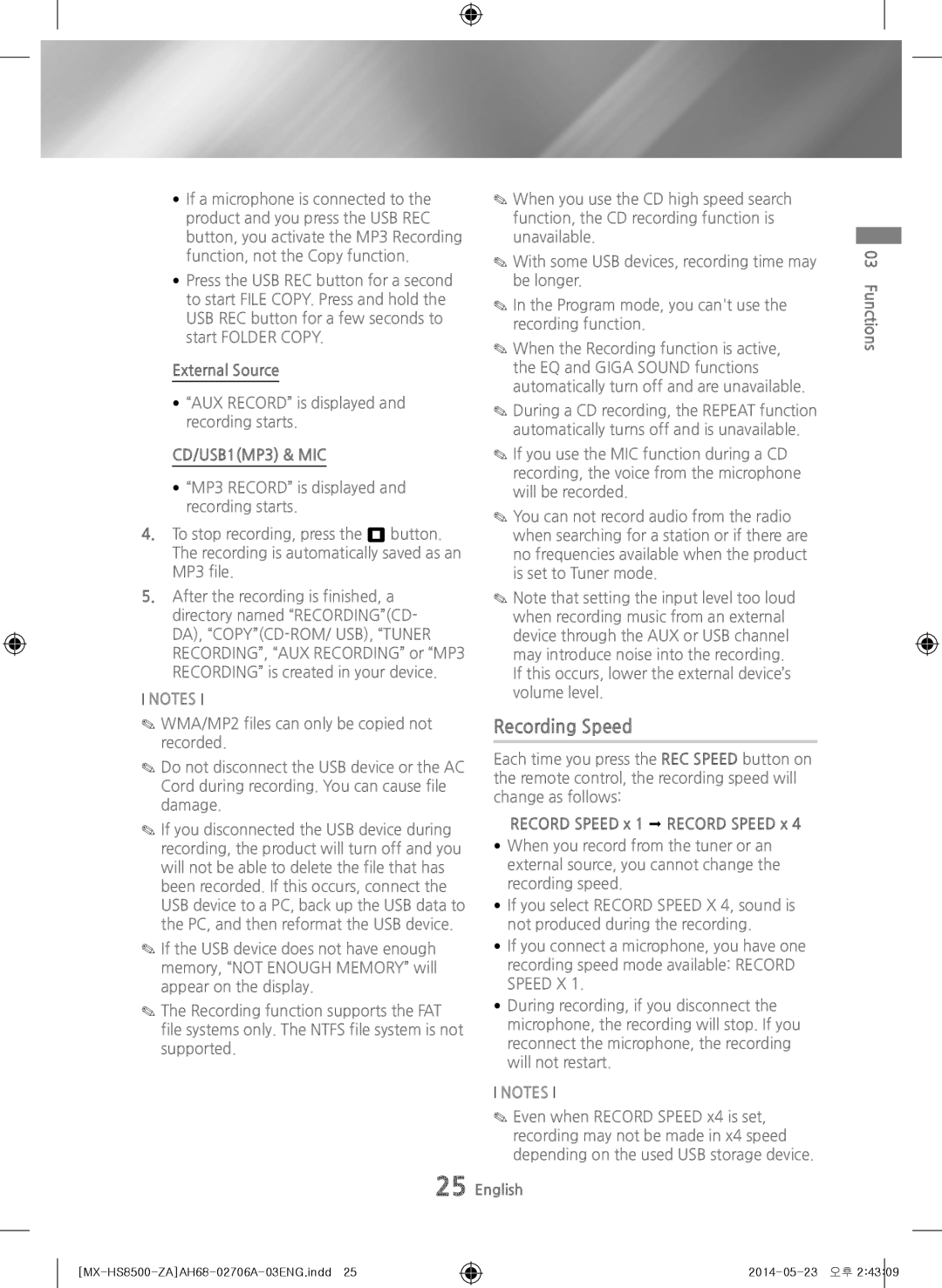 Samsung MX-HS8500 user manual Recording Speed, AUX Record is displayed and recording starts, CD/USB1MP3 & MIC 