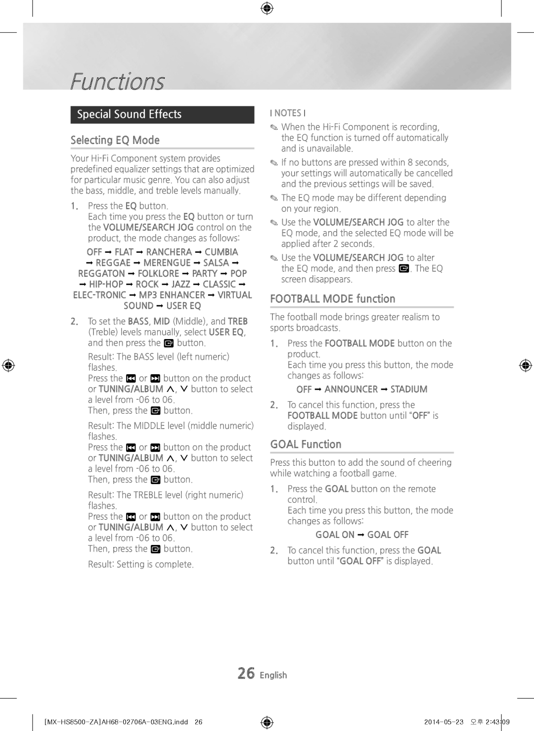 Samsung MX-HS8500 user manual Special Sound Effects, Selecting EQ Mode, Football Mode function, Goal Function 