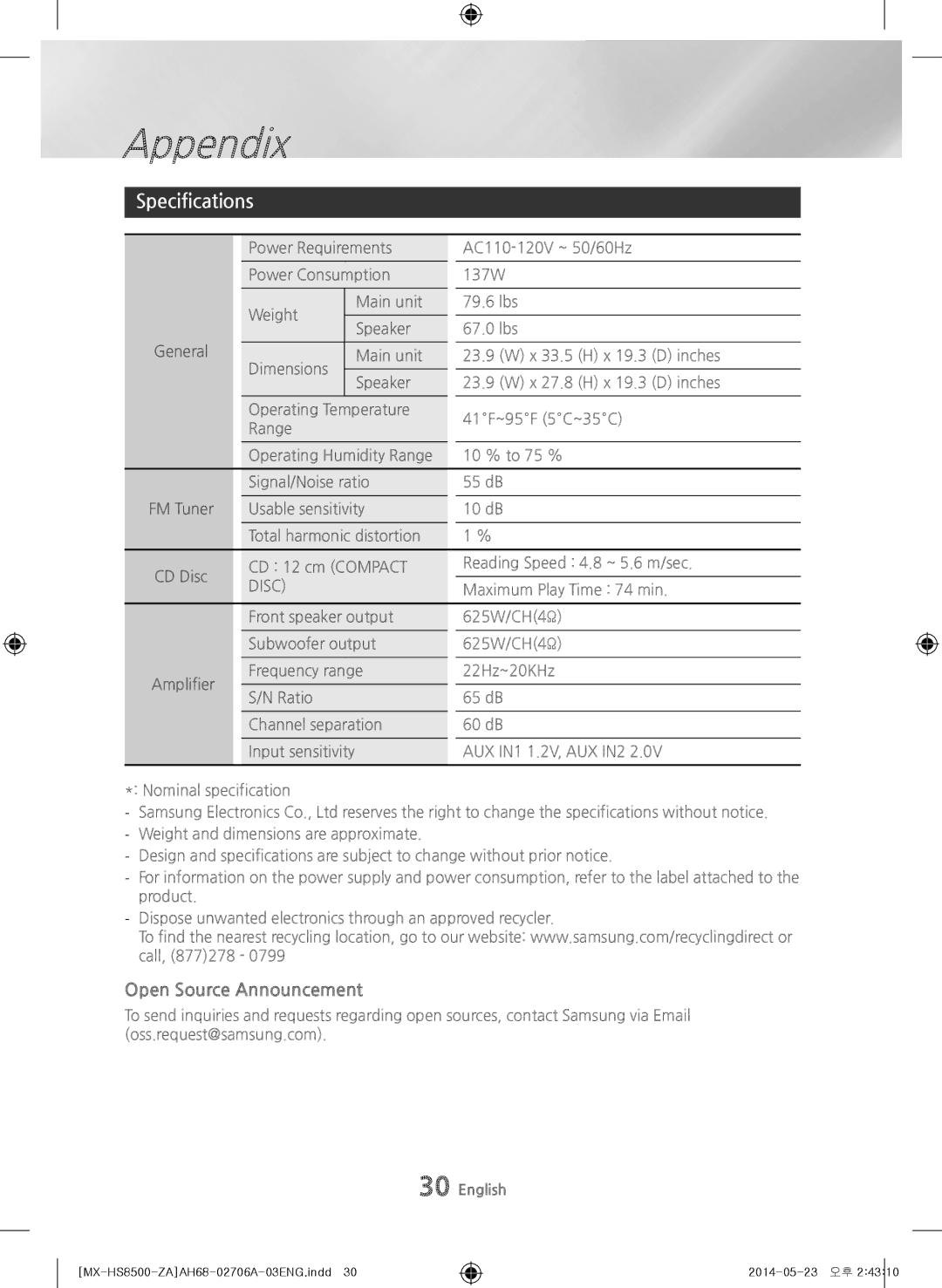 Samsung MX-HS8500 user manual Specifications, Open Source Announcement, Usable sensitivity 10 dB Total harmonic distortion 