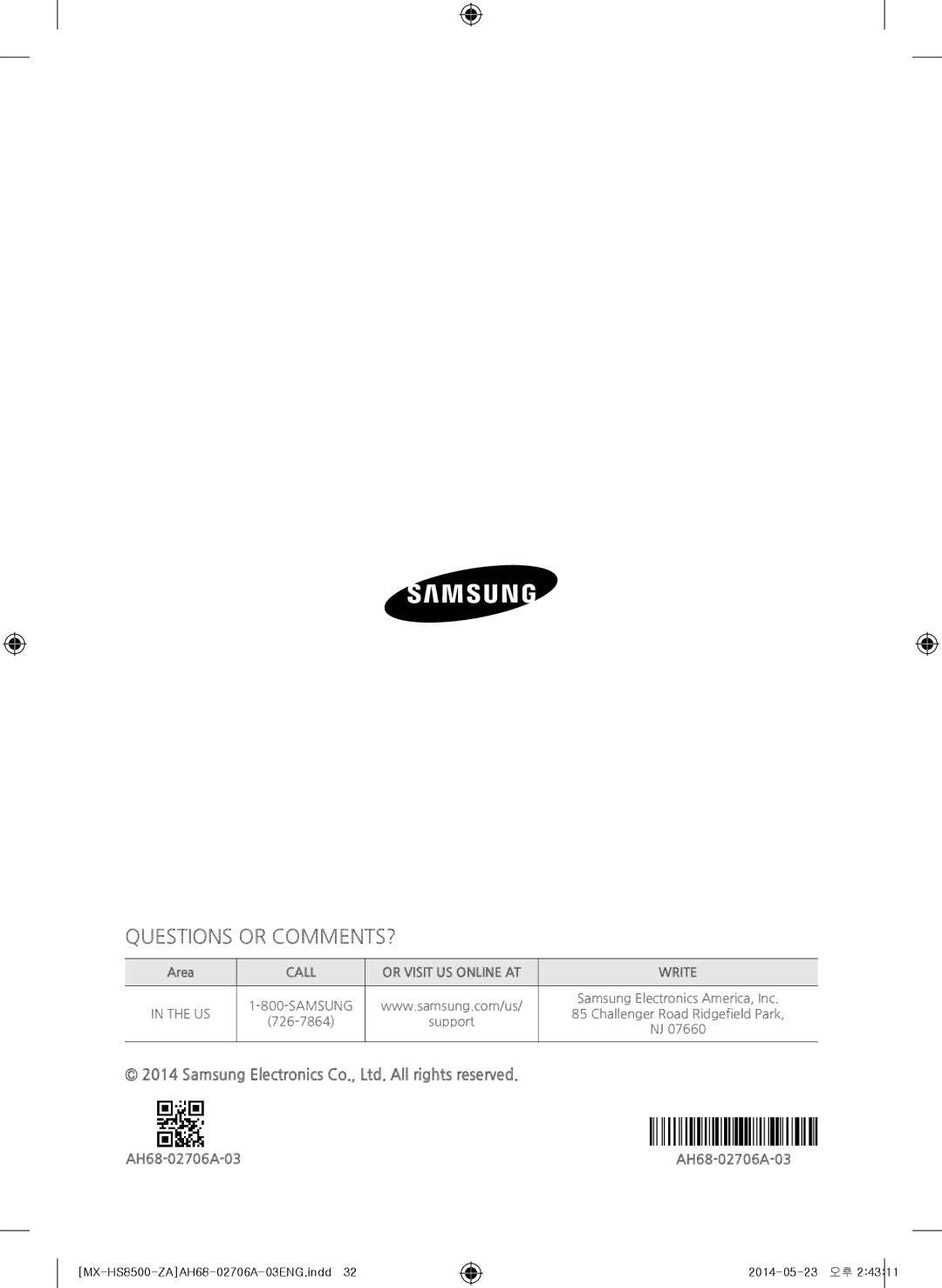 Samsung MX-HS8500 user manual Questions or COMMENTS? 