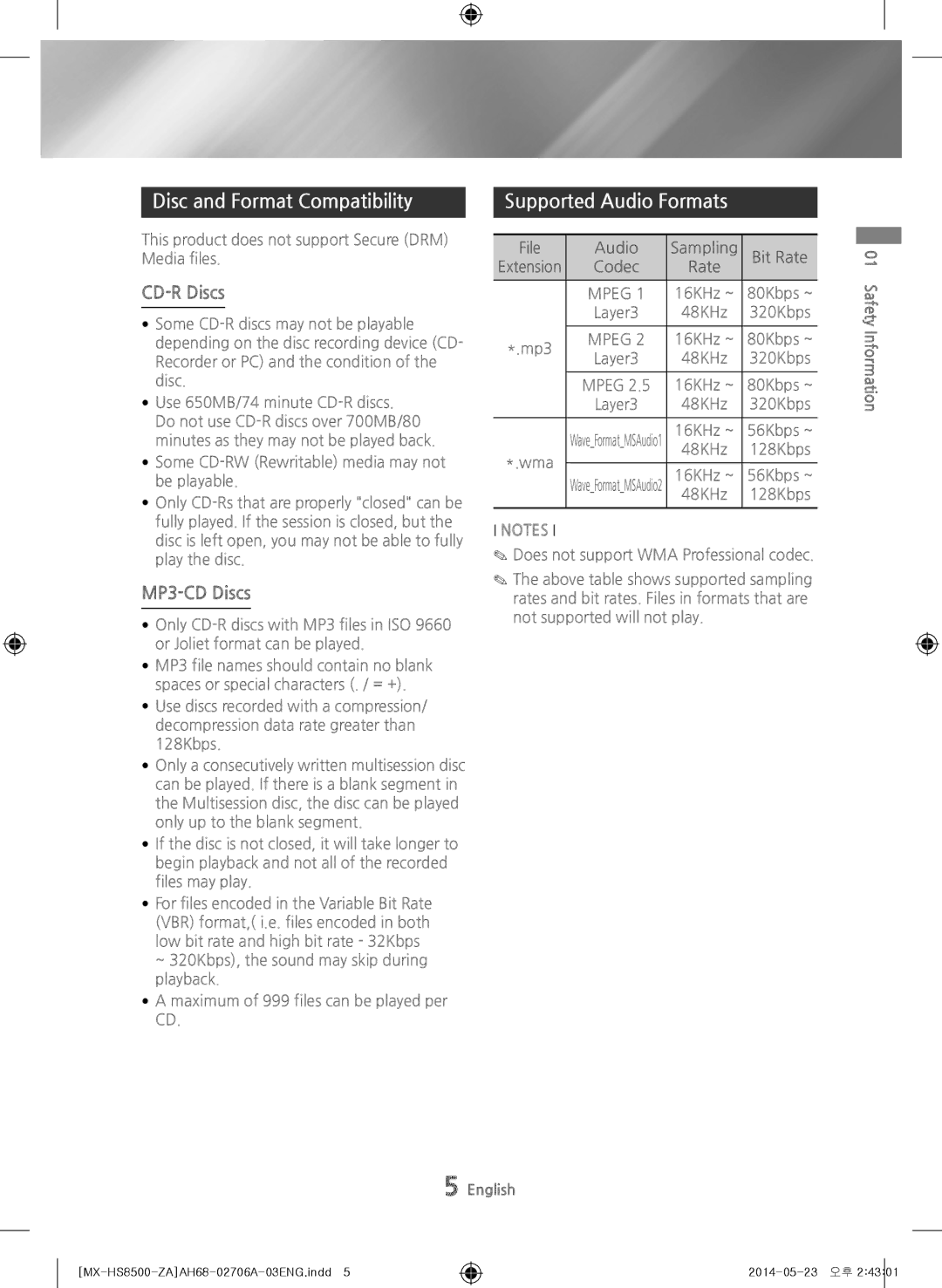 Samsung MX-HS8500 user manual Disc and Format Compatibility, Supported Audio Formats, CD-R Discs, MP3-CD Discs 