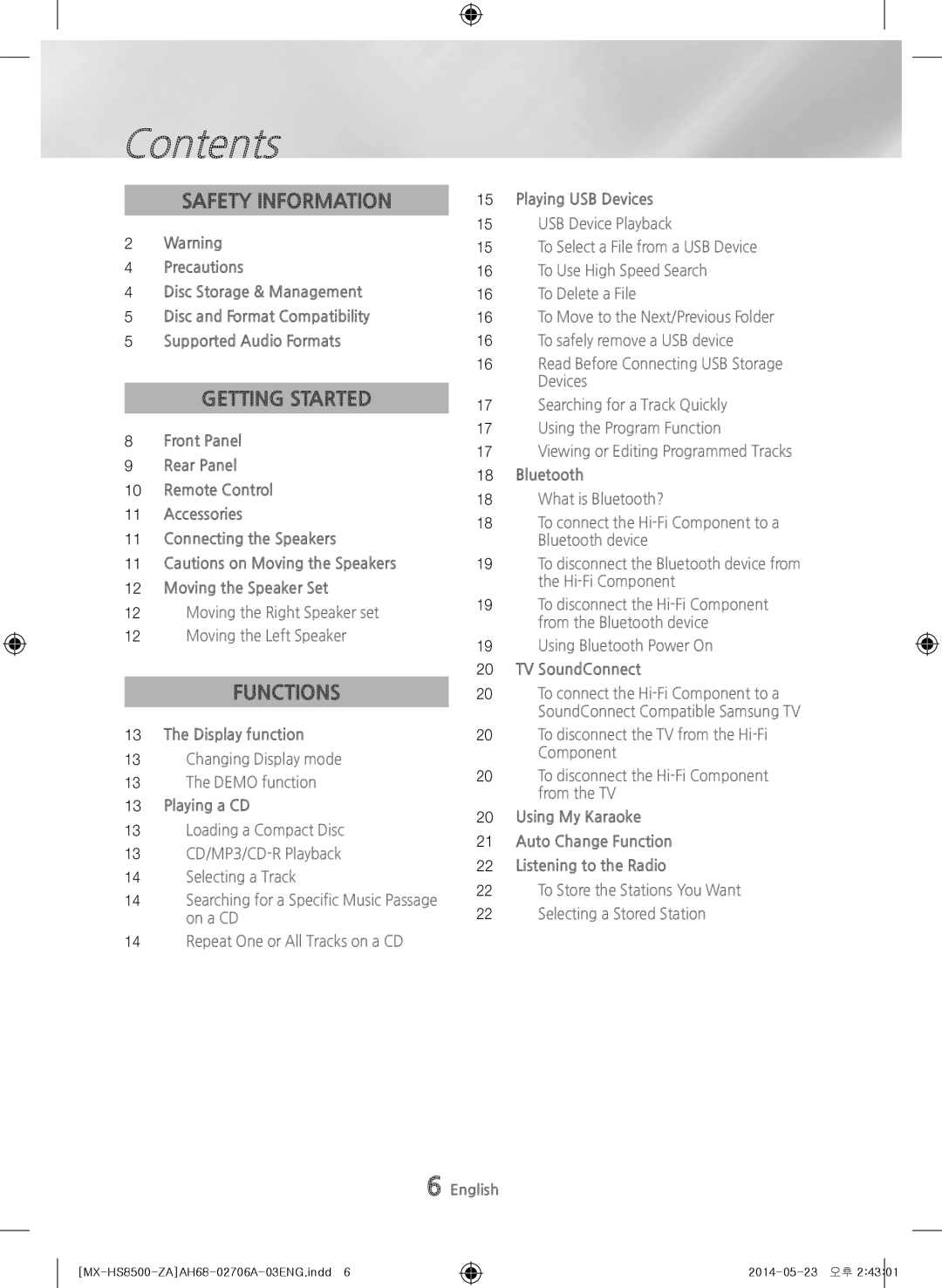 Samsung MX-HS8500 user manual Contents 