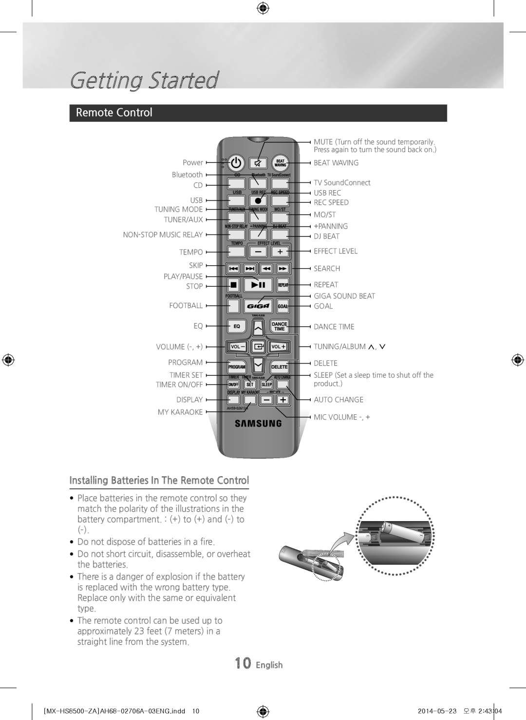 Samsung MX-HS8500 user manual Remote Control, Getting Started 
