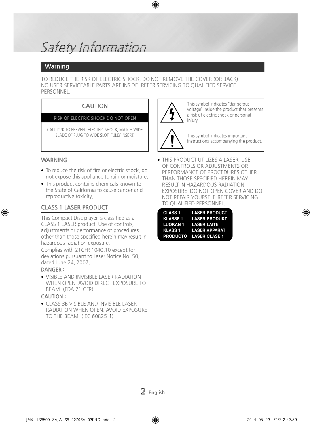 Samsung MX-HS8500 user manual Safety Information, CLASS 1 LASER PRODUCT, Danger 