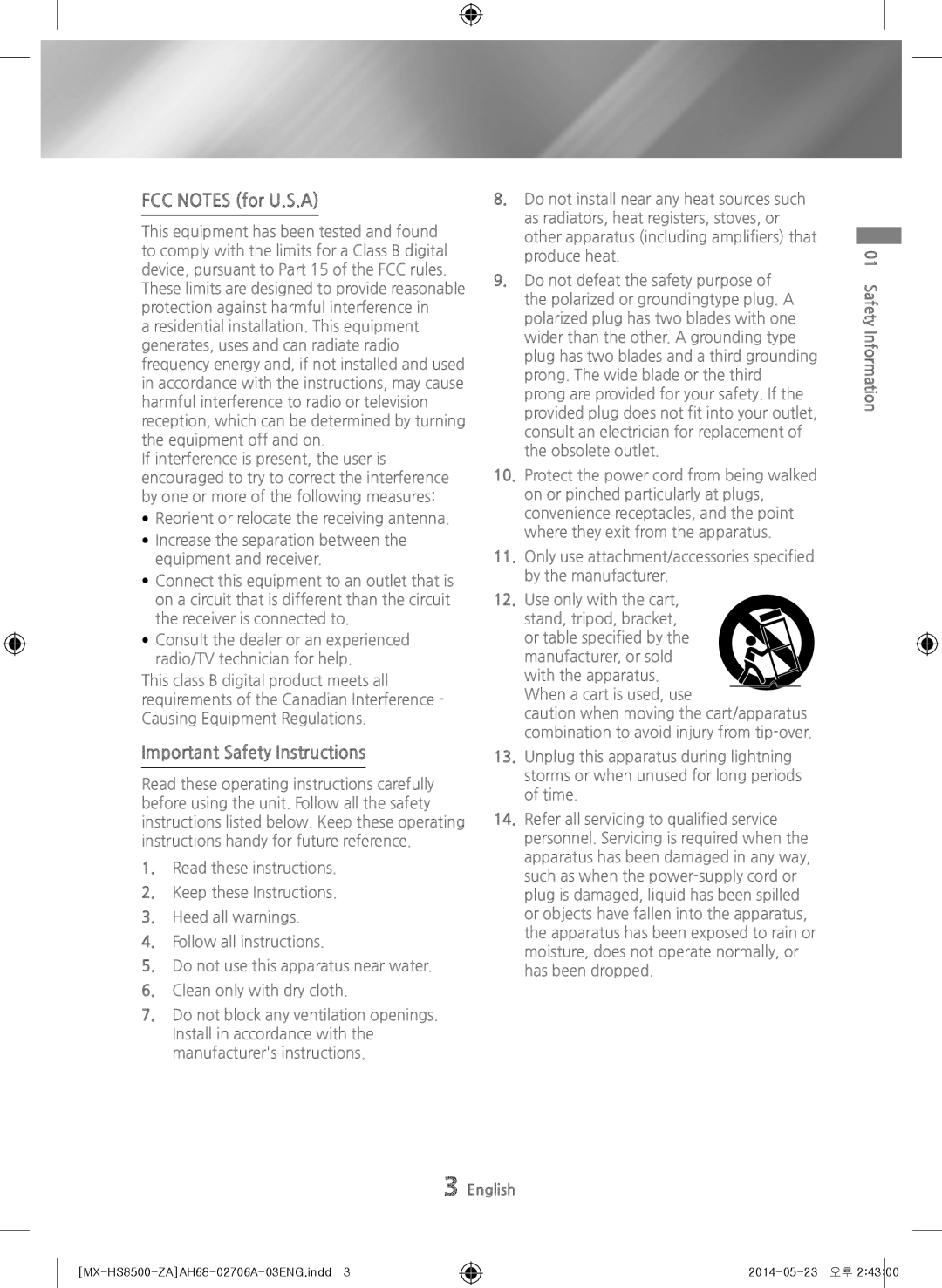Samsung MX-HS8500 user manual FCC NOTES for U.S.A, Important Safety Instructions 