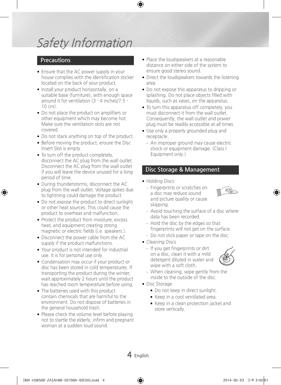 Samsung MX-HS8500 user manual Precautions, Disc Storage & Management, Safety Information 
