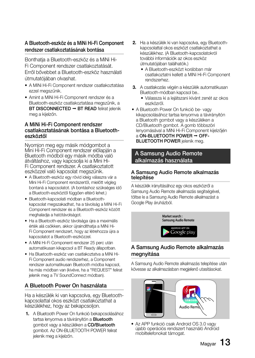 Samsung MX-J730/EN, MX-J630/EN, MX-J730/XN manual Bluetooth Power On használata, Samsung Audio Remote Alkalmazás használata 