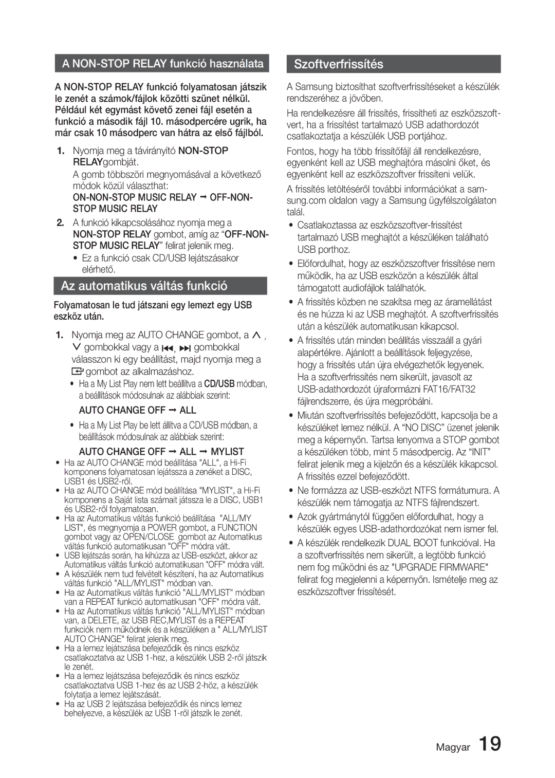 Samsung MX-J730/EN Szoftverfrissítés, Az automatikus váltás funkció, ON-NON-STOP Music Relay OFF-NON- Stop Music Relay 