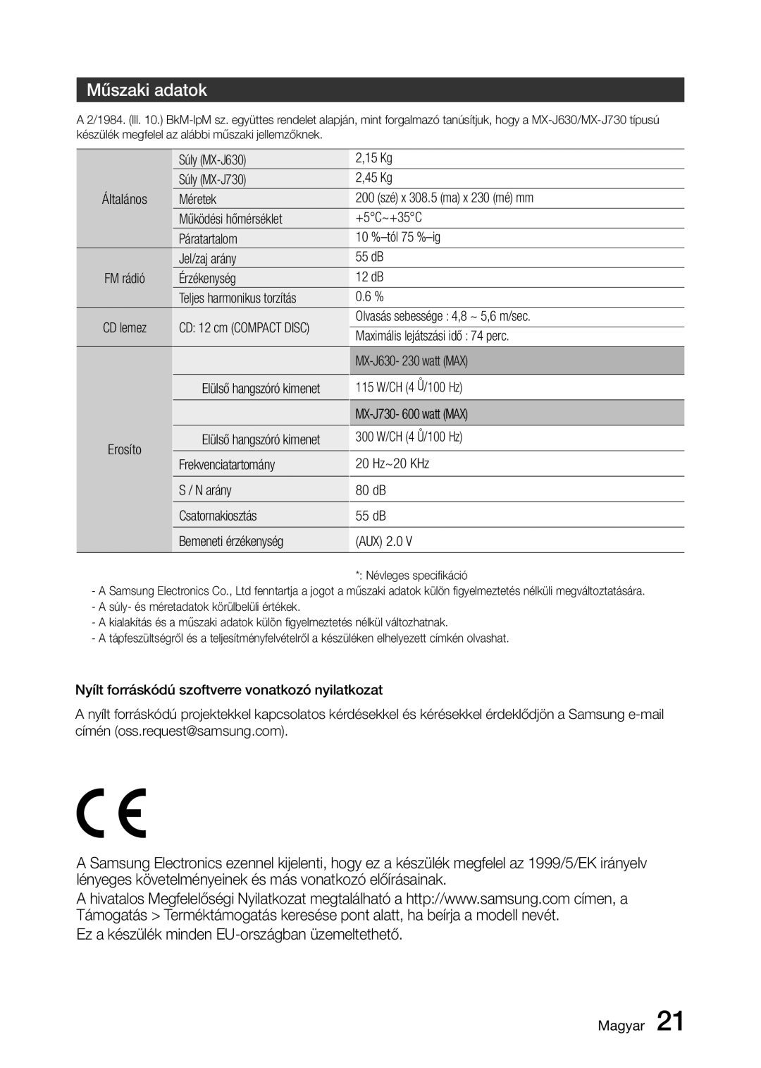 Samsung MX-J630/EN, MX-J730/EN, MX-J730/XN manual Műszaki adatok 