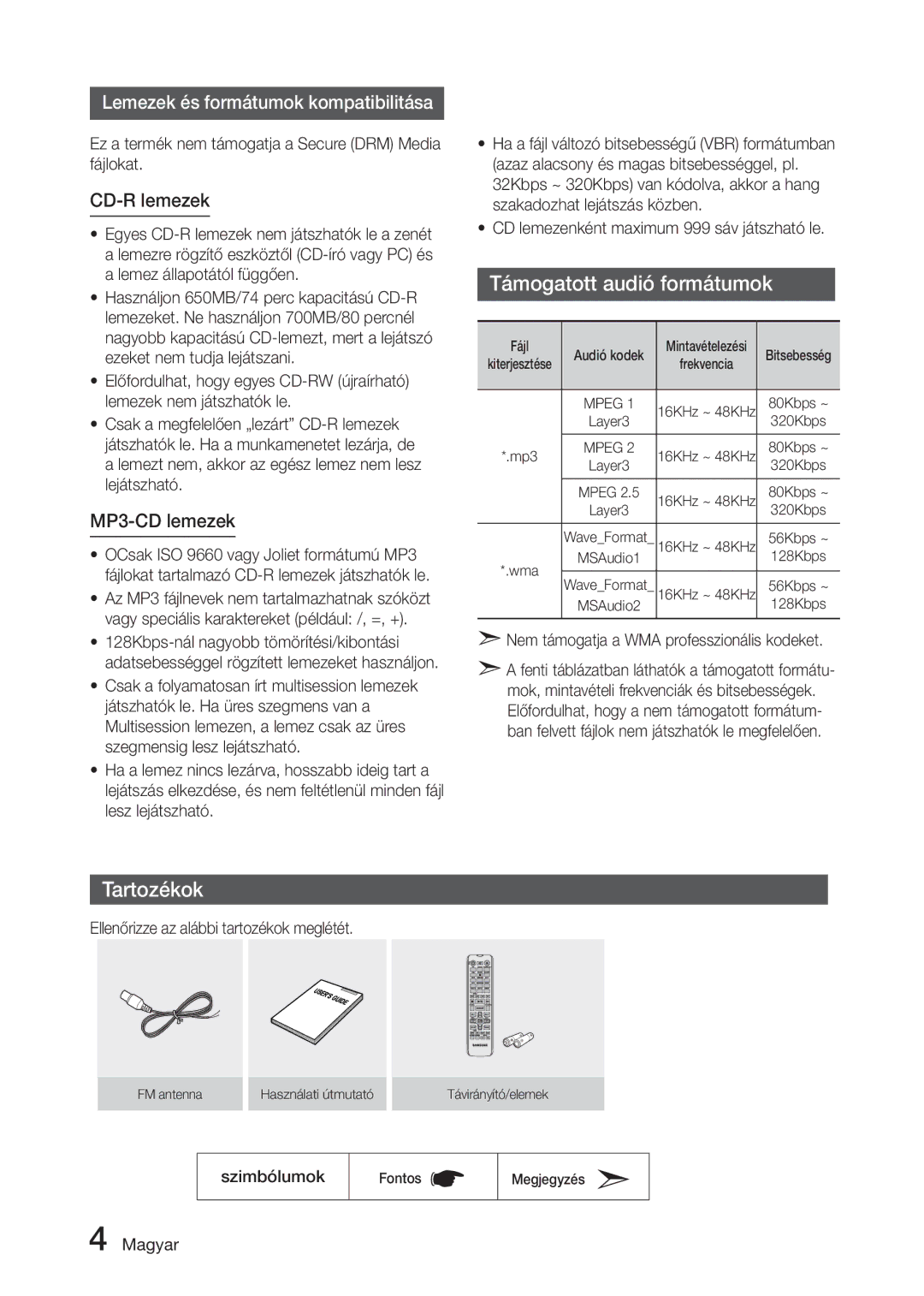 Samsung MX-J730/EN, MX-J630/EN, MX-J730/XN manual Támogatott audió formátumok, Tartozékok 