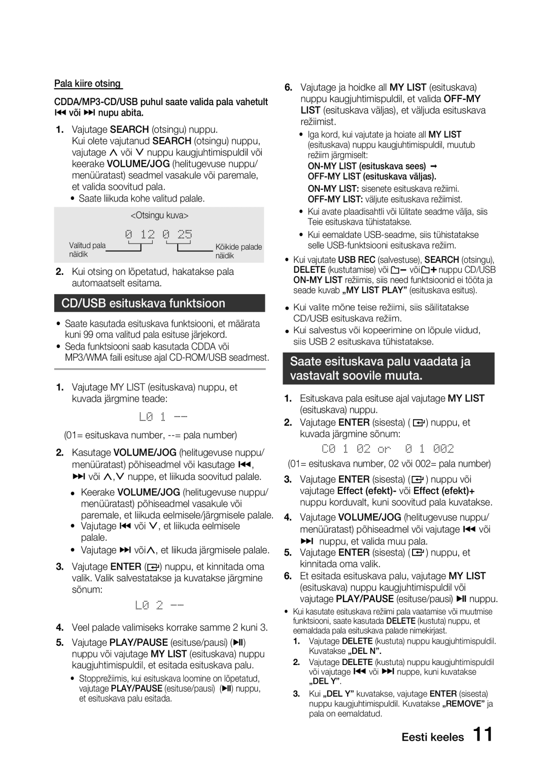 Samsung MX-J730/EN, MX-J630/EN manual CD/USB esituskava funktsioon, Saate esituskava palu vaadata ja Vastavalt soovile muuta 