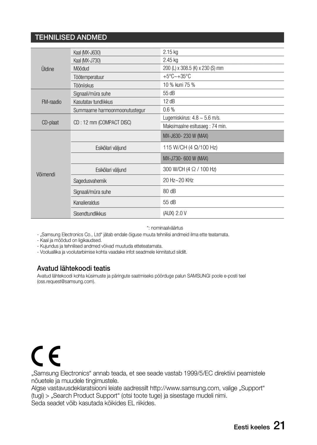 Samsung MX-J730/EN, MX-J630/EN manual Tehnilised Andmed, Avatud lähtekoodi teatis 